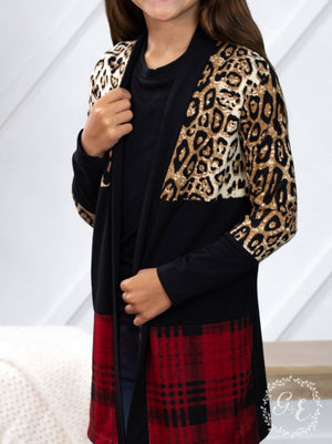 Girls' Chillin' Cardigan with Leopard and Plaid: Leopard