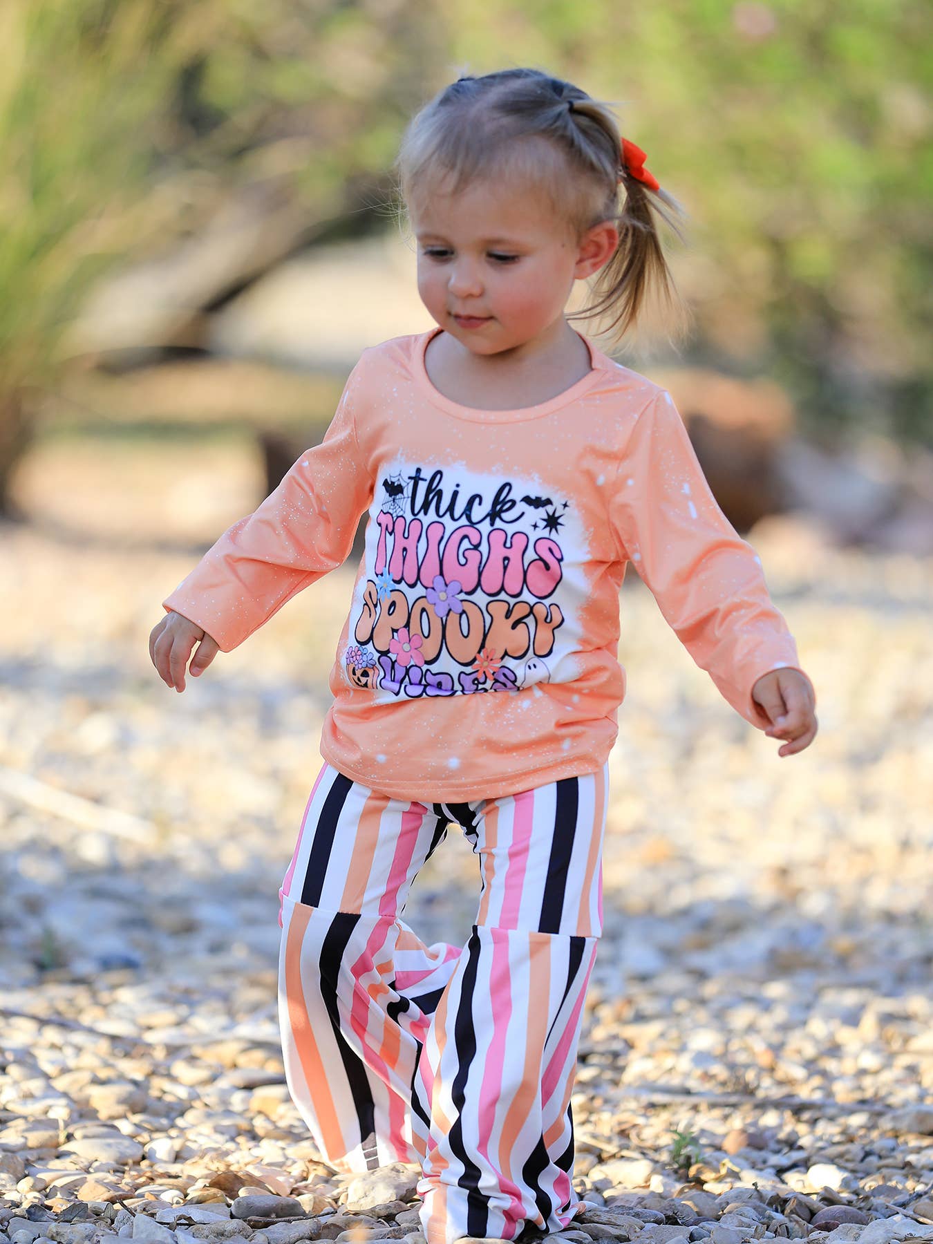 Halloween Letter Bleached Top + Striped Flared Pants