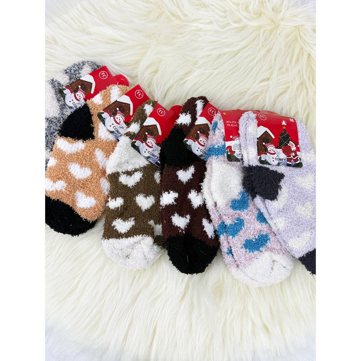 Kids Heart Print Fluffy Socks: MIX COLOR / ONE(12)