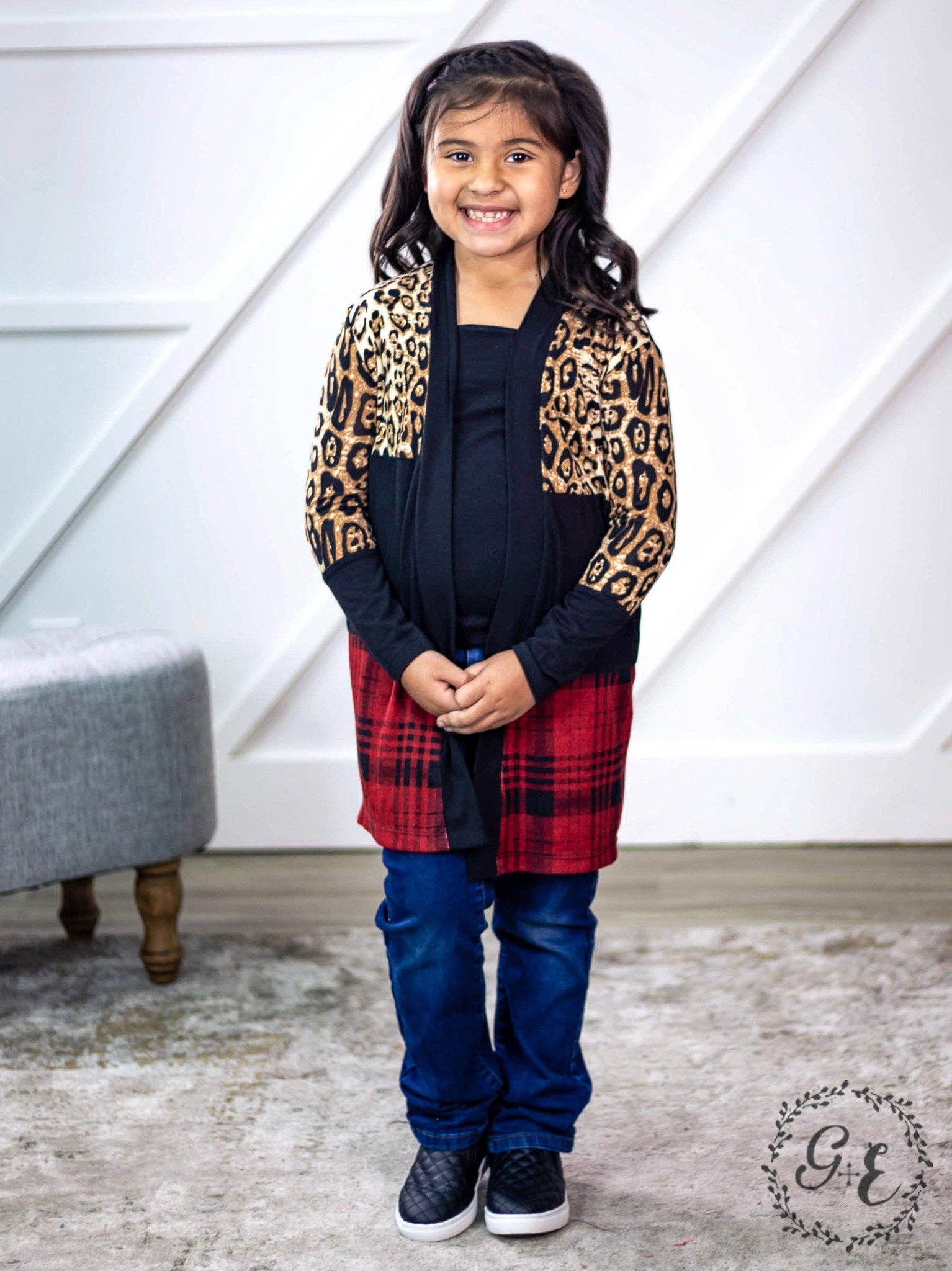 Girls' Chillin' Cardigan with Leopard and Plaid: Leopard