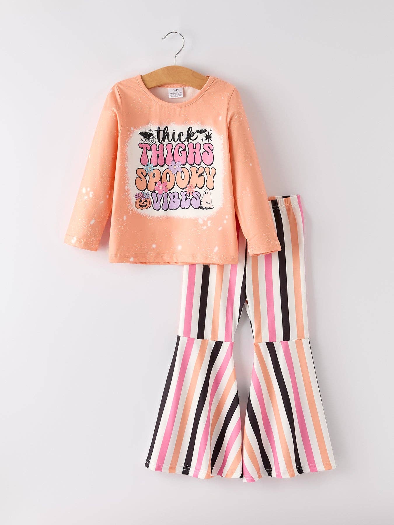 Halloween Letter Bleached Top + Striped Flared Pants