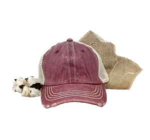 GIRLS Vintage Maroon Distressed Hat with Beige Mesh: Maroon / One Size