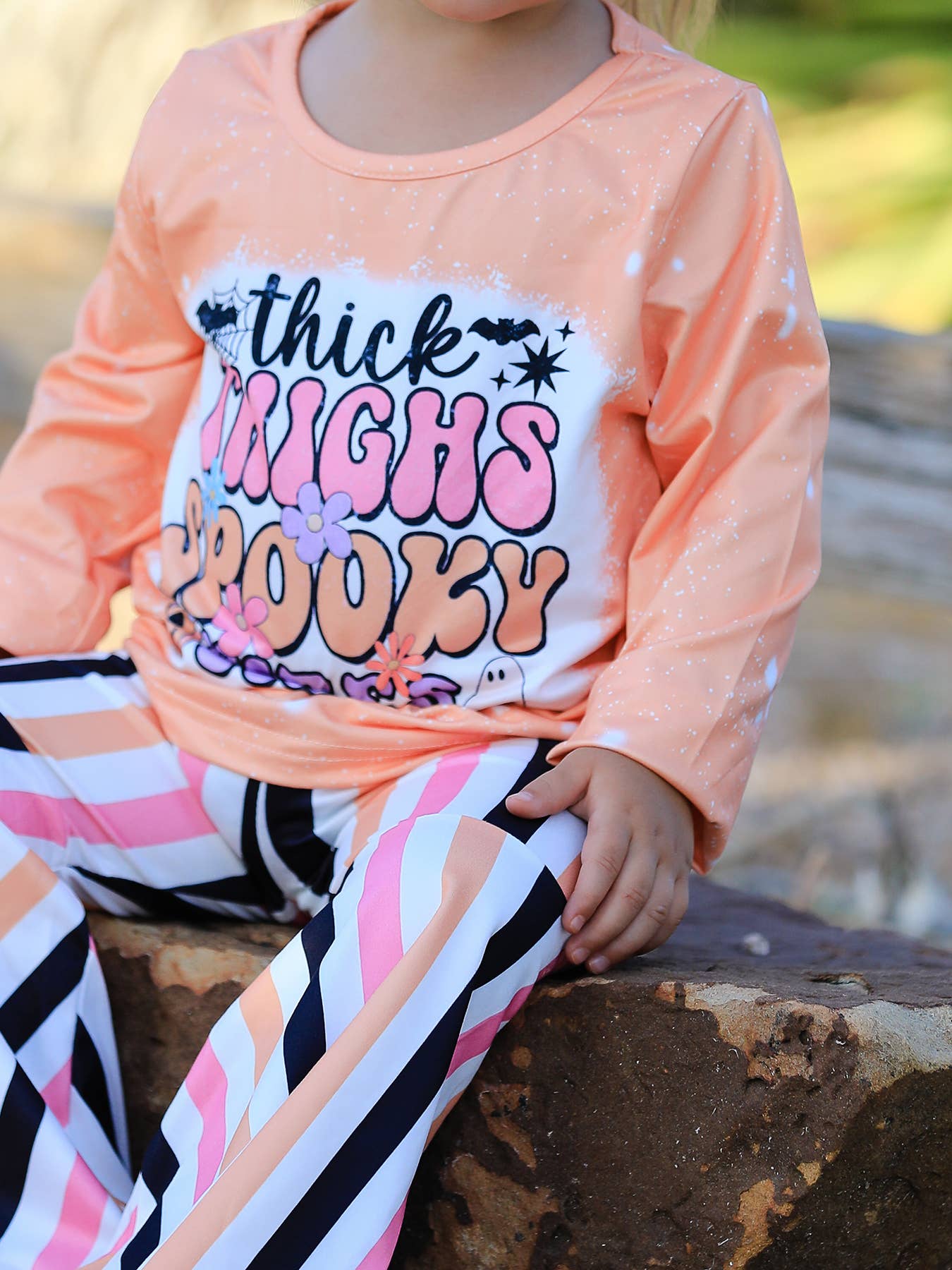 Halloween Letter Bleached Top + Striped Flared Pants