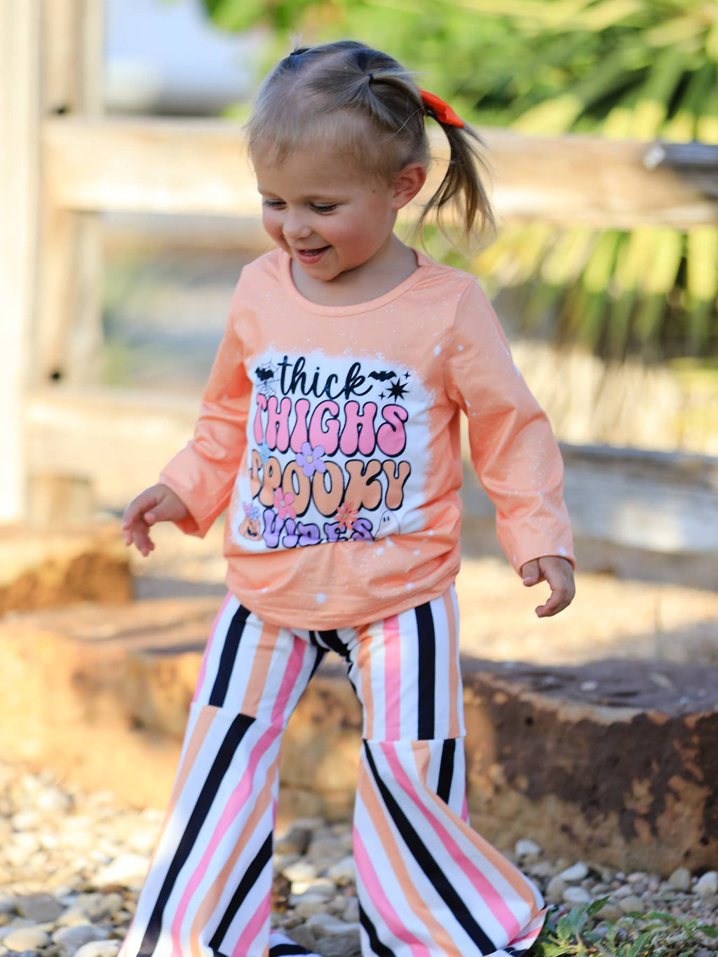 Halloween Letter Bleached Top + Striped Flared Pants