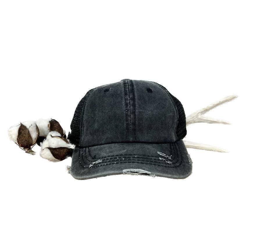 GIRLS Distressed Black Hat with Mesh: Black / One Size