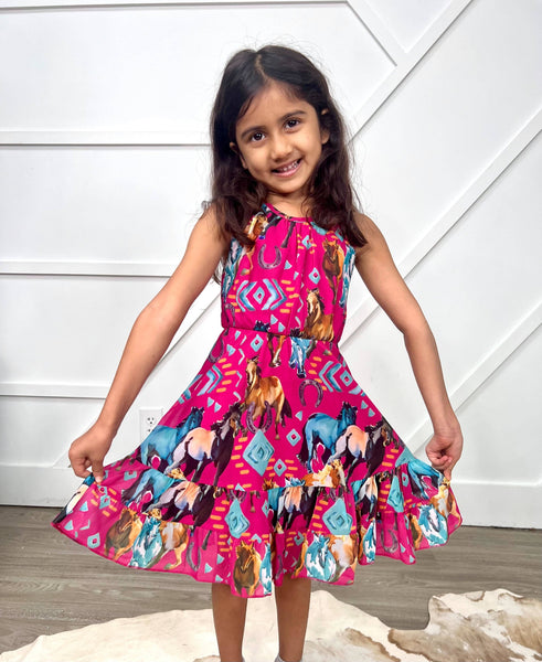 Girls Wide Open Spaces Horse Printed Dress: Pink