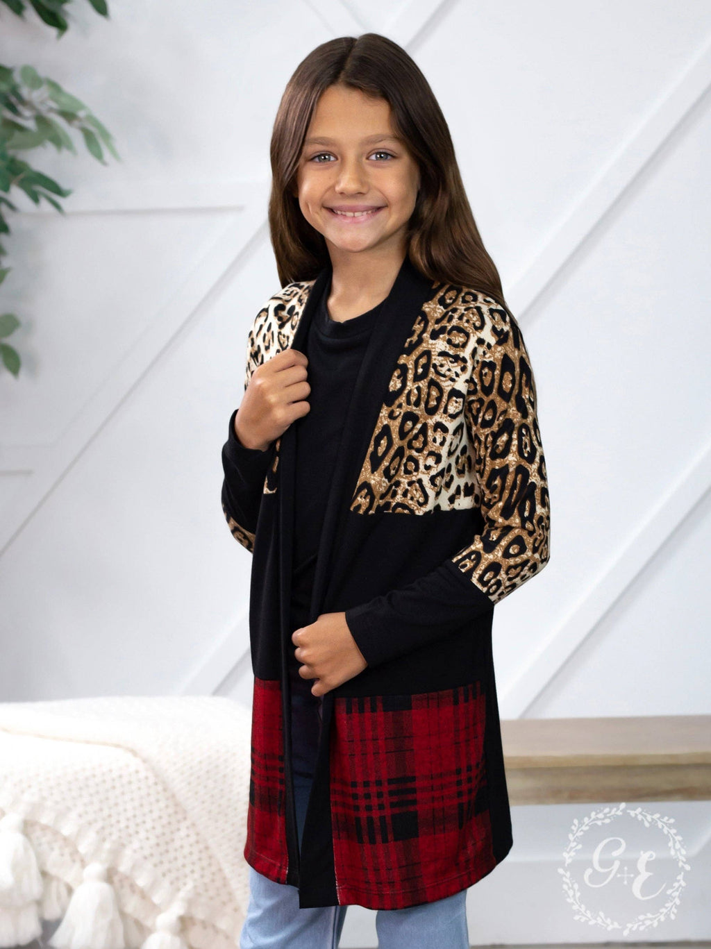 Girls' Chillin' Cardigan with Leopard and Plaid: Leopard