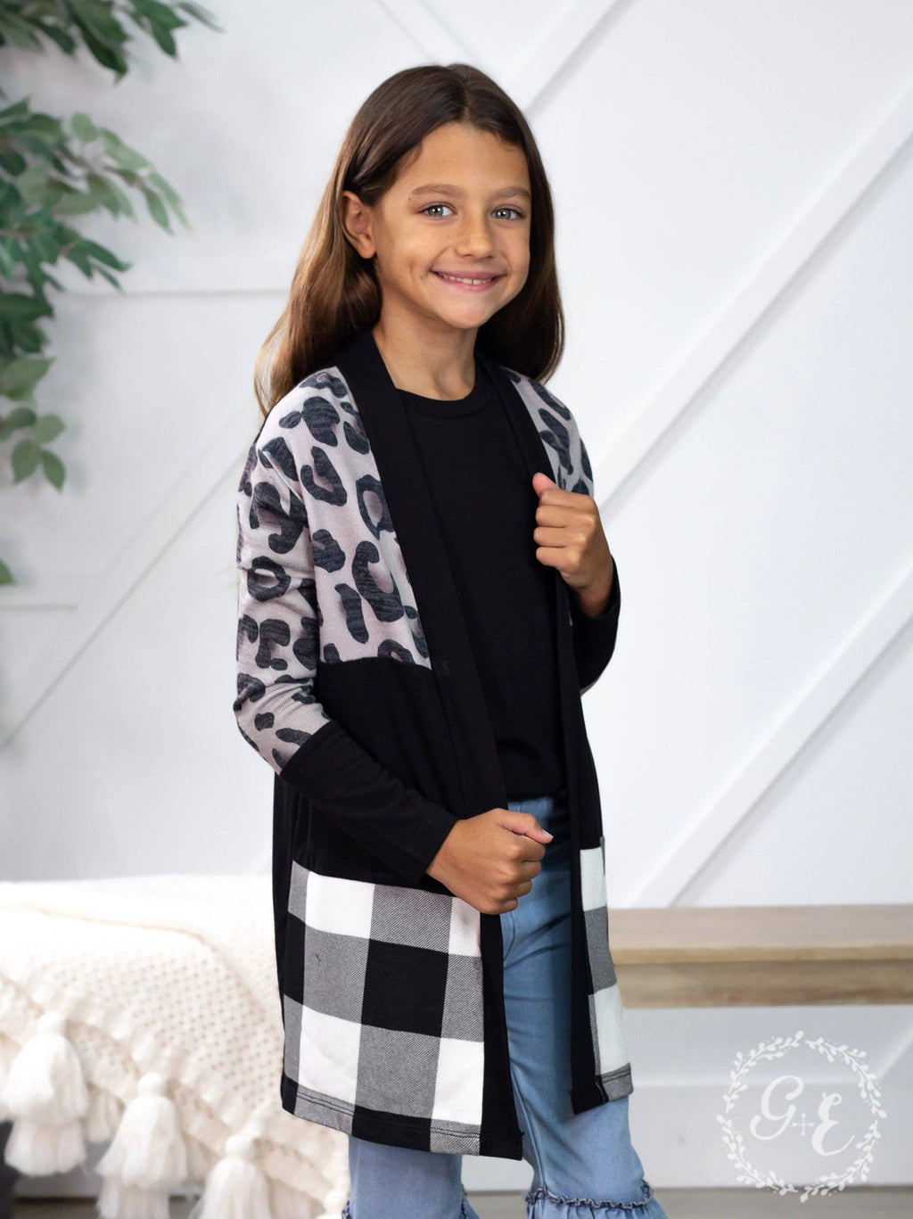 Girls' Southern Twang Long Sleeve Cardigan, Gingham: Black