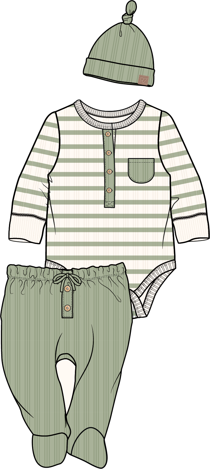 Boys Thermal Bodysuit, footed pants, and Hat: Green