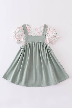 Green floral print strap dress set