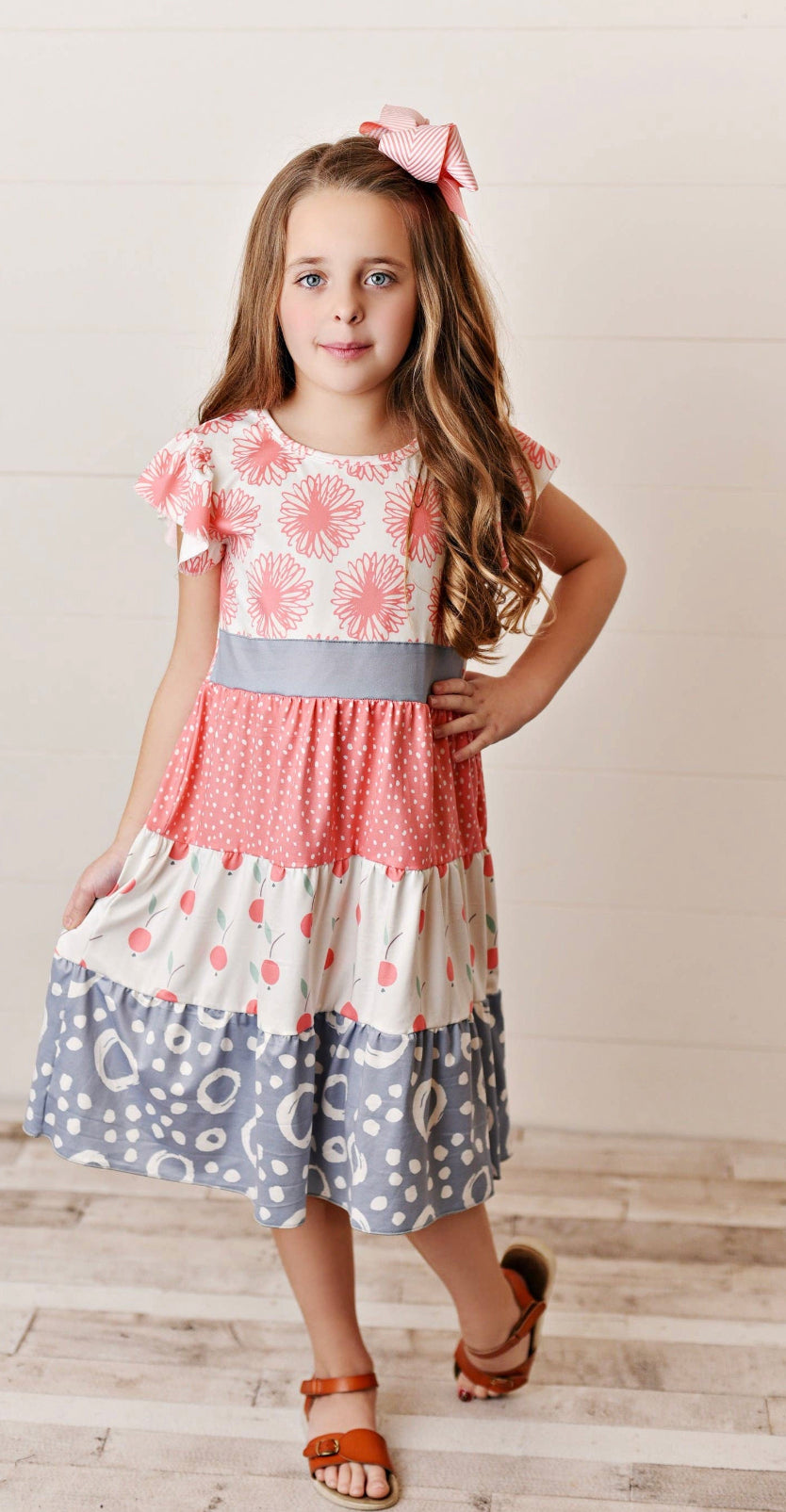 Coral Cherry Flower Tiered Dress